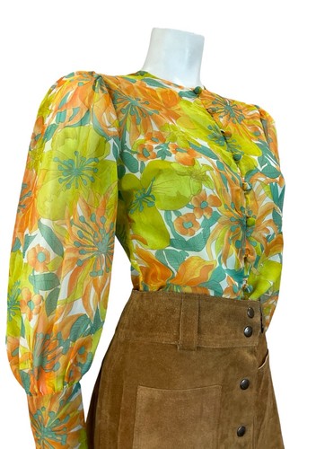 CAMICIA VINTAGE ANNI 60 70 VERDE ARANCIONE PSICHELICA FLOREALE MANICA VESCOVO TAGLIA 10 12 - Foto 7 di 8