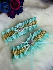 Mint and gold Crystal satin Wedding Garter Set green and gold