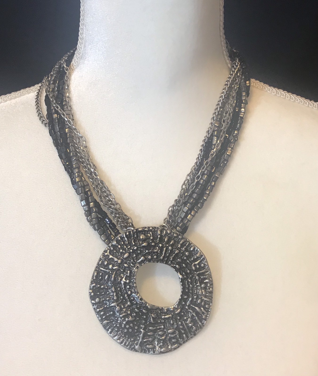 statement necklace multiple chains silver tone bl… - image 4