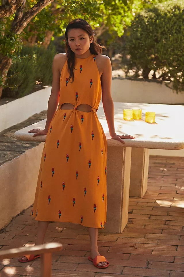Farm Rio Parrot Halter Dress Embroidered Linen Anthropologie Tropical Sz LP  NEW | eBay