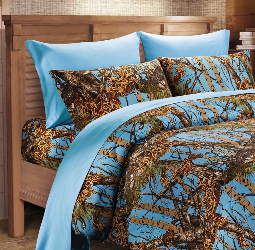 FULL SIZE POWDER BLUE CAMO SHEETS PILLOWCASE SET! PC CAMOUFLAGE LIGHT SKY  BLUE