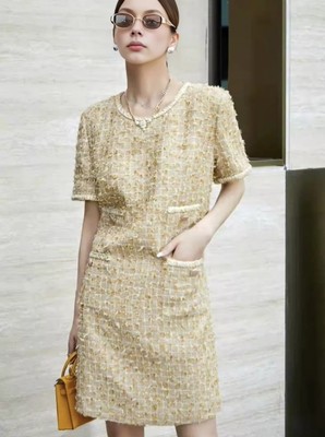 Handmade Gold Tweed Bouclé Shift Dress, Elegant Short Sleeve Vintage Style