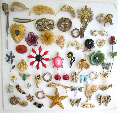 Lot of 54 Vintage Brooch Pins Rhinestone Enamel Costume Jewelry Some Signed