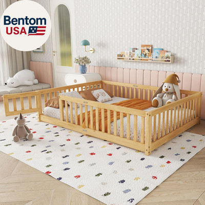 Full Size Floor Bed with Slats and Safety Guardrail, Full Size Montessori Floor 