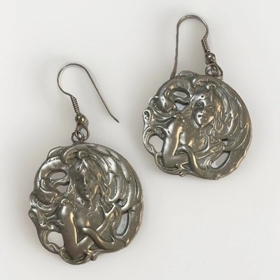 Vintage Art Nouveau Earrings Repousse Lady Face Goddess Silver Pewter Dangle