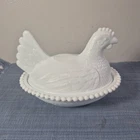 Indiana Milk Glass Hen on Nest Beaded Edge Covered Dish White 7" Vintage Chicks