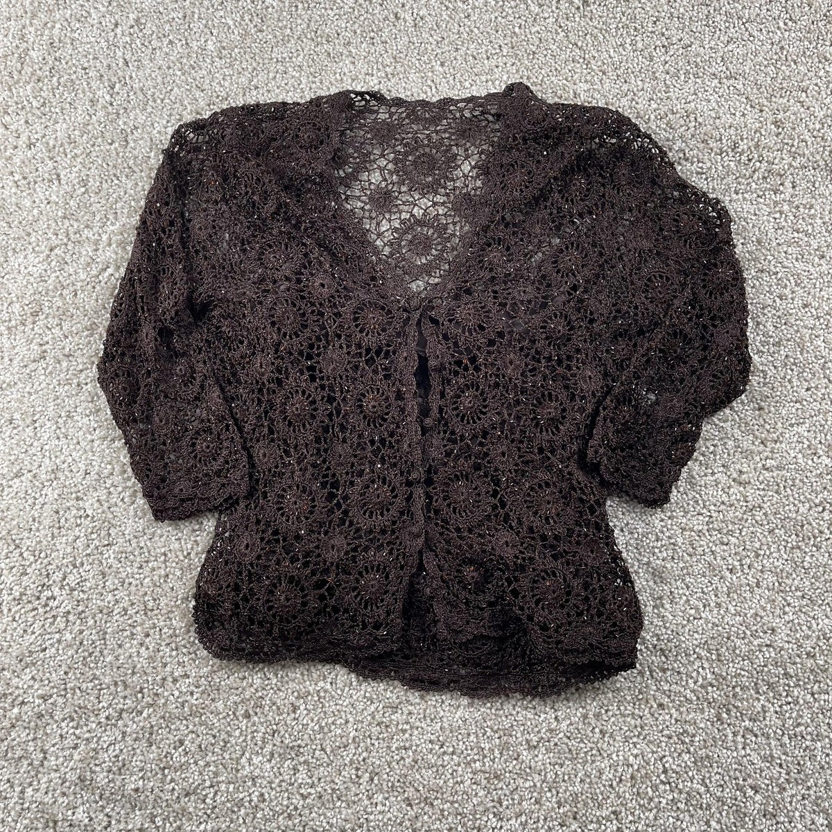 Vintage Sweater Tank Set Womens Small Brown Crochet Beaded 