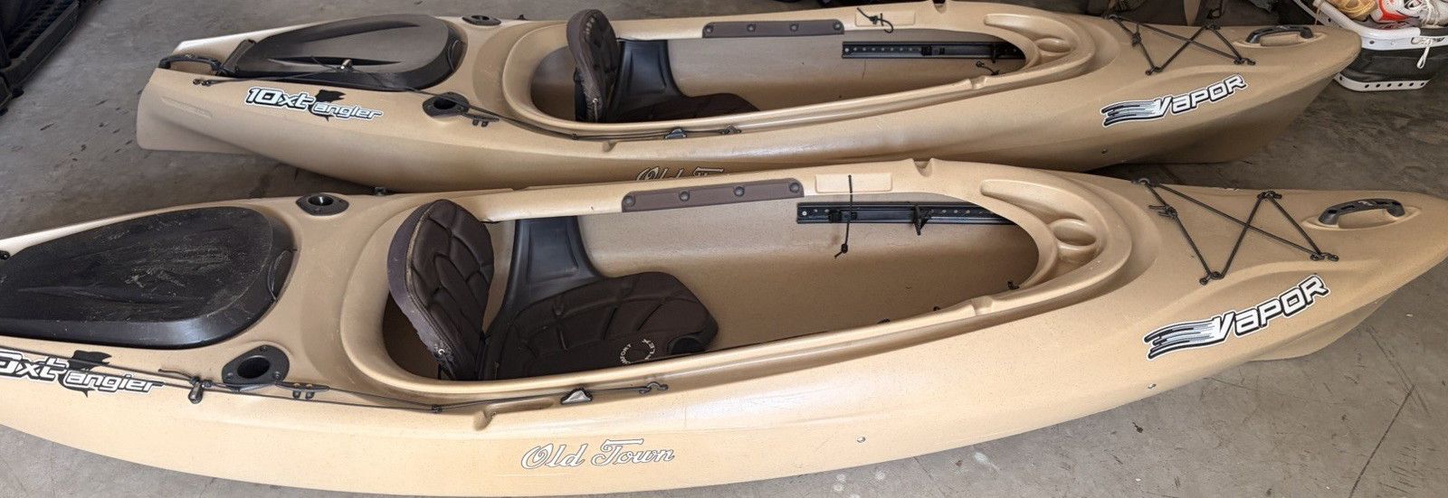 Old Town Vapor 10XT Angler Sit-In Kayaks, Lot of 2, Tan/Beig
