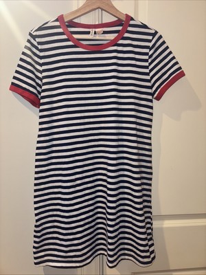H&M Divided Women Crew Neck Tshirt Dress Size Med Red Band & White Striped Blue