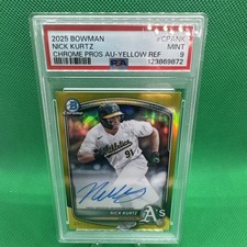 NICK KURTZ🔥2025 Bowman Chrome Prospect Autographs Yellow Refractor /75 PSA 9 RC