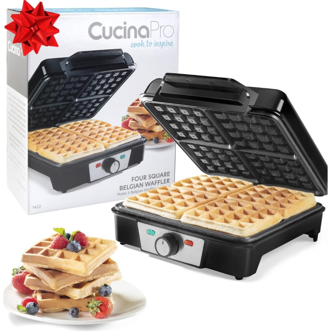 CucinaPro Four Square Belgian Waffle Maker, Extra Large X-Large, Black Silver 