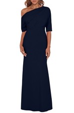Betsy Adam A25025 Madeline One-Shoulder Crepe Scuba Gown SZ 6 Navy 249