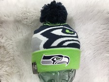 NFL Authentic NEW Seattle Seahawks New Era Beanie Knit Hat Green W/blue Pom Pom
