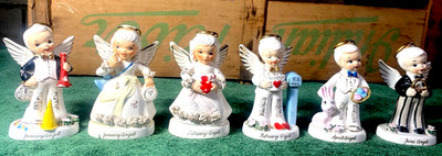 Lot of Napco Vtg Hand Painted Monthly Angel Figurines 2xJan, 2xFeb, 1xApr, 1xJun