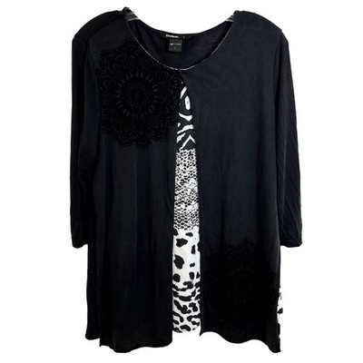 Desigual Womens Layered Top Size Large Black Velour Impressionist  