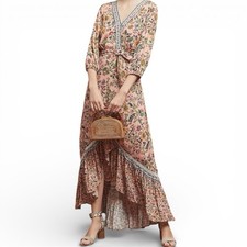 FARM RIO ANTHROPOLOGIE Clara Floral Maxi Wrap Dress Boho Cottage Resort Beach XS