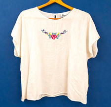 Vintage 90s Joanna XL White Floral Embroidered Blouse Made in USA
