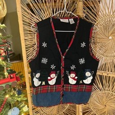 VINTAGE Holiday Time denim and plaid Christmas Snowman Vest