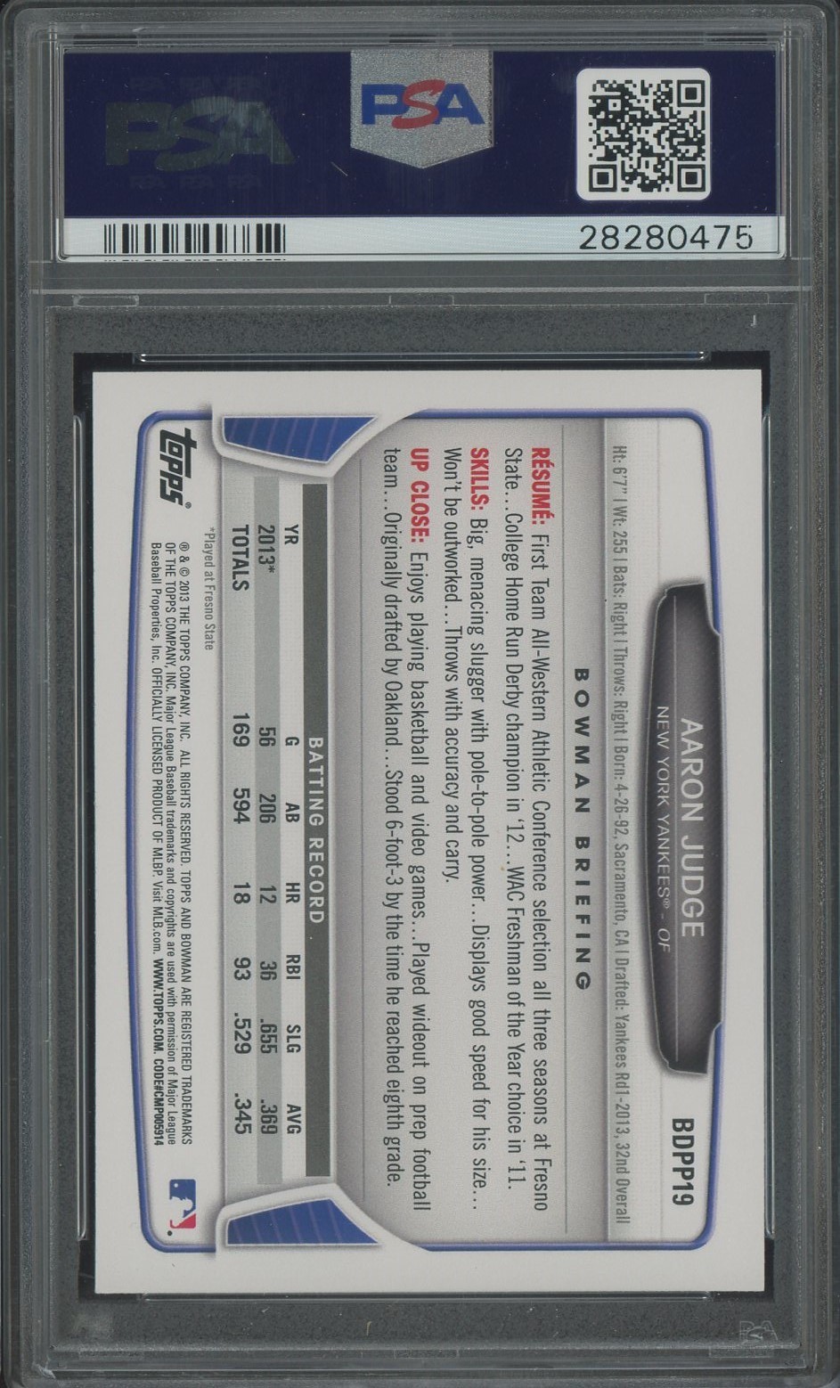 2013 Bowman DP & Prospects #BDPP19 Aaron Judge Yankees RC Rookie PSA 8 NM-MT view 2