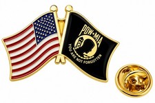POW/MIA Lapel Pin crossed with American Flag, double waving, Made in USA