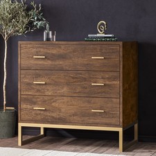 Chest of Drawers Dark Mango Wood 3 Drawers Wide with Gold Legs and Hand;es