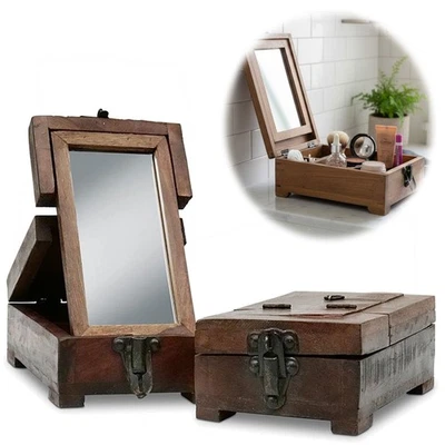 Barber Utensilienbox Teak Holz Spiegel Schmink-Box Aufbewahrung Rasier Organizer - Bild 1 von 4