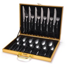Luxury 24pc Black Stainless Steel Cutlery Set with Wooden MDF Box