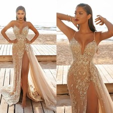 Mermaid High Prom Dresses Straps Lace Beaded Evening Gowns Overskirt Sweep Train