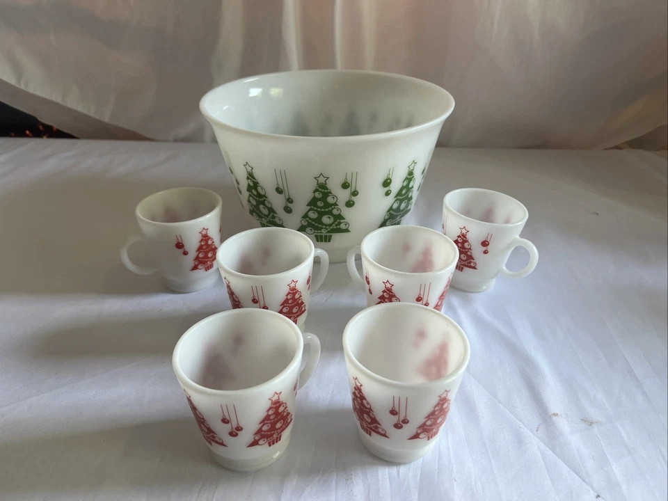Праздничная чаша Hazel Atlas набор из 6 кружек чашек молочного стекла рождественская елка MCM 50-е - Изображение 4 из 4