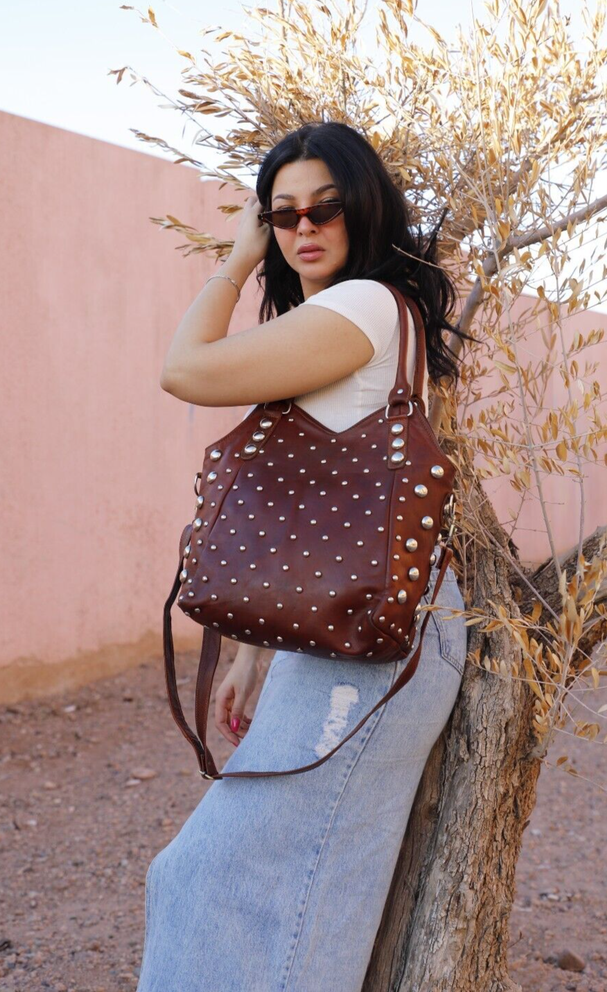 Polka dot studded leather tote handbags for women  