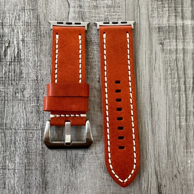 Dark Orange Leather Watch Band 26mm Wide Band For Apple