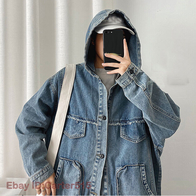 Mens Hooded Denim Coats Hoodie Jean Jackets Loose Retro Outwear