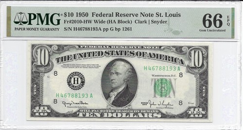 1950 $10 ST LOUIS FRN. PMG GEM Uncirculated 66 EPQ Banknote. WIDE
