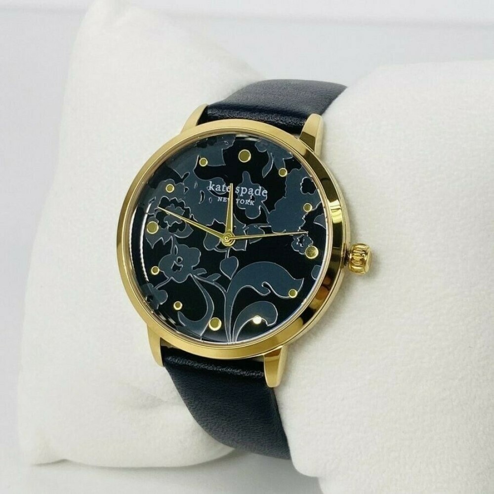 KATE SPADE KSW1672 METRO FLORAL BLACK GOLD DIAL BLACK LEATHER