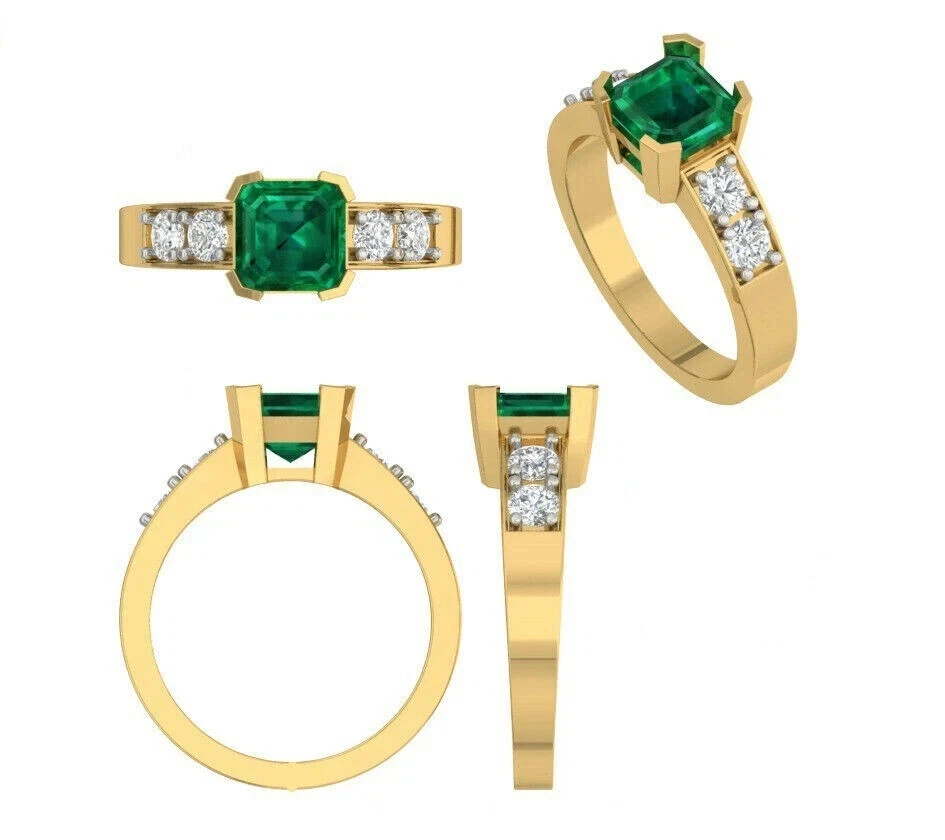 Anillo de compromiso nupcial de diamantes y esmeraldas naturales de 2,20 quilates de oro amarillo macizo de 14 K Foto 4 de 4