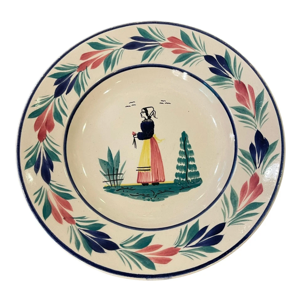 VTG HB Quimper Mistral Blue Lady 3 Lot Soup Cereal 9.25in Bowl Henriot France - Image 2 of 4