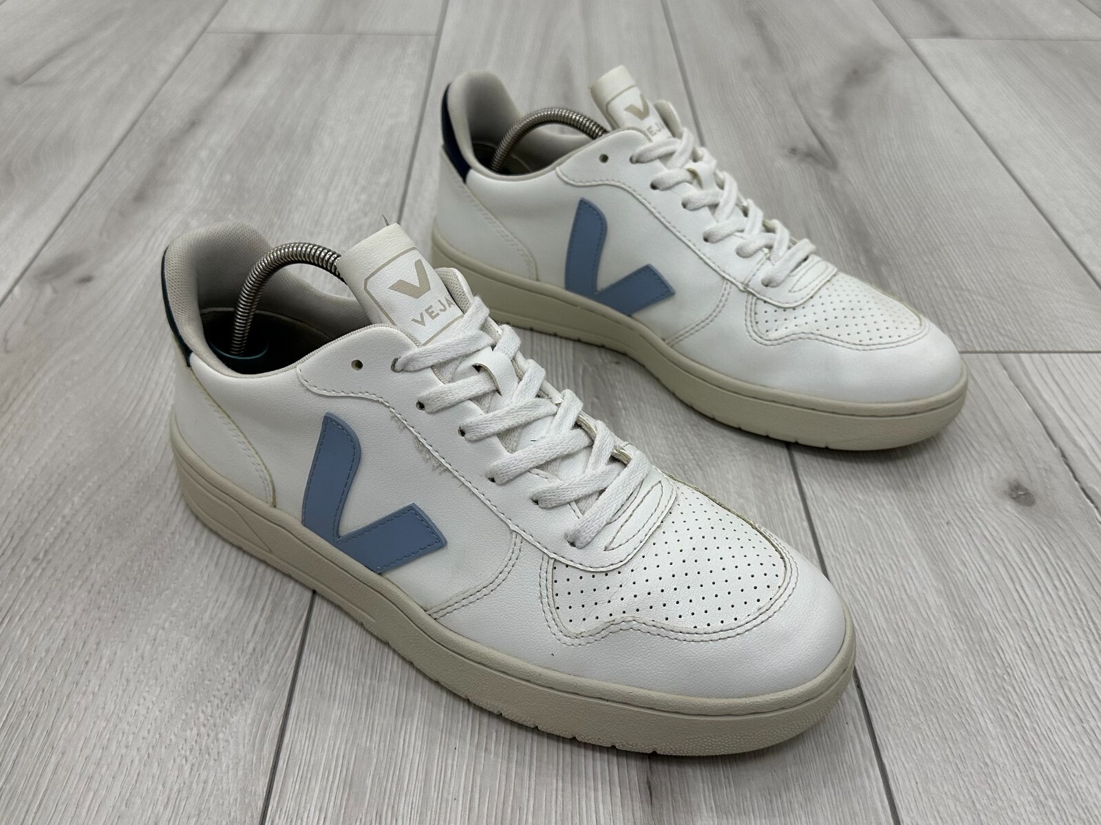 Veja V-10 White and Blue Leather Sneakers for Men Size 8