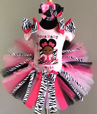 Bossy baby Afro girl zebra/ pink/ black  birthday personalized tutu set