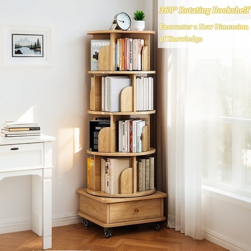 5 Tier Rotating Bookshelf, 360° Display Round Spinning Bookshelf with Wheels - Picture 5 of 10