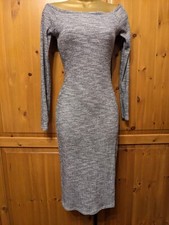 Lipsy Dress 10 Grey Silver Midi Fine Knit Ribbed Bodycon Stretch Excellent Cond.