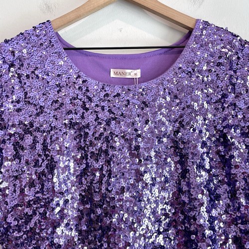 Maner Women’s XL Sequin Short Sleeve Lined Top Purple - Picture 3 of 12