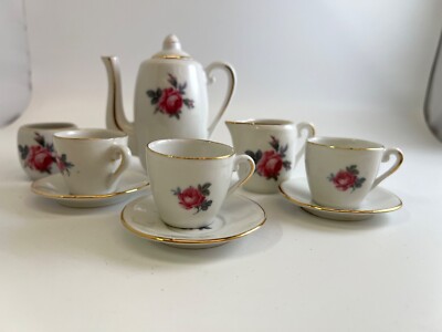 Vintage Porcelain Small Dinette Coffee Service Set Pink Flower Decor