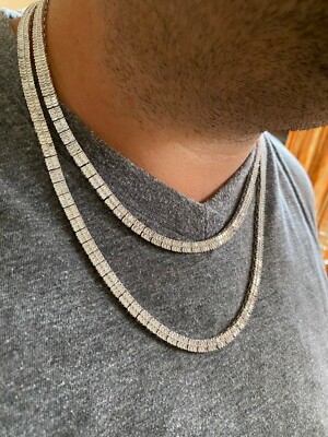 SOLID 925 Sterling Silver Baguette Tennis Chain ICED CZ Necklace