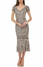 JS COLLECTIONS SOUTACHE EMBROIDERED MIDI TRUMPET HEM CLAY/BLACK DRESS sz 2