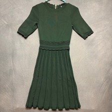 Ted Baker Green Knit Pleated Dress Gold Zip Fit Flare Size 0 Hippy Boho Cottage