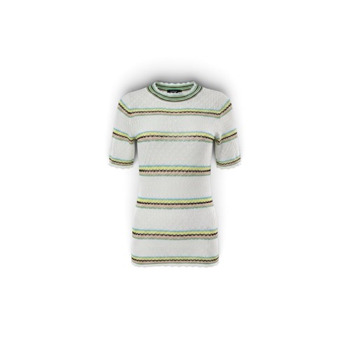 Sandro White Open-Knit Striped Mock Neck Short Sleeve Pullover Sweater 3
