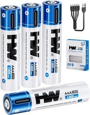 HW USB Rechargeable AAA Batteries, 1.5V, 4-Pack 1300mWh Lithium Battery with