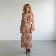 Vtg 90s Brown Paisley Dress Sz 10 Beige Crochet Maxi Whimsigoth Woodland Fairy