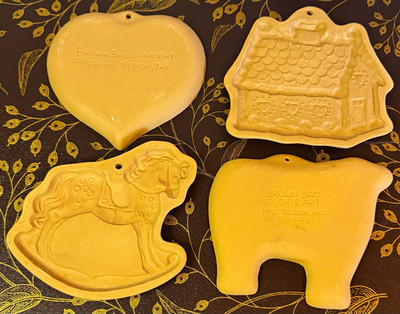 Brown Bag Cookie Art 4pc Ceramic Cookie Mold Set Heart Cow Horse House 1986 1984