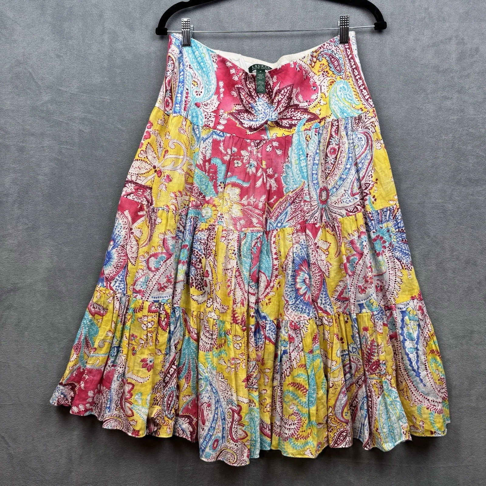 Lauren Ralph Lauren Maxi Skirt Multicolor M Linen Paisley Flowy Tiered Bohemian